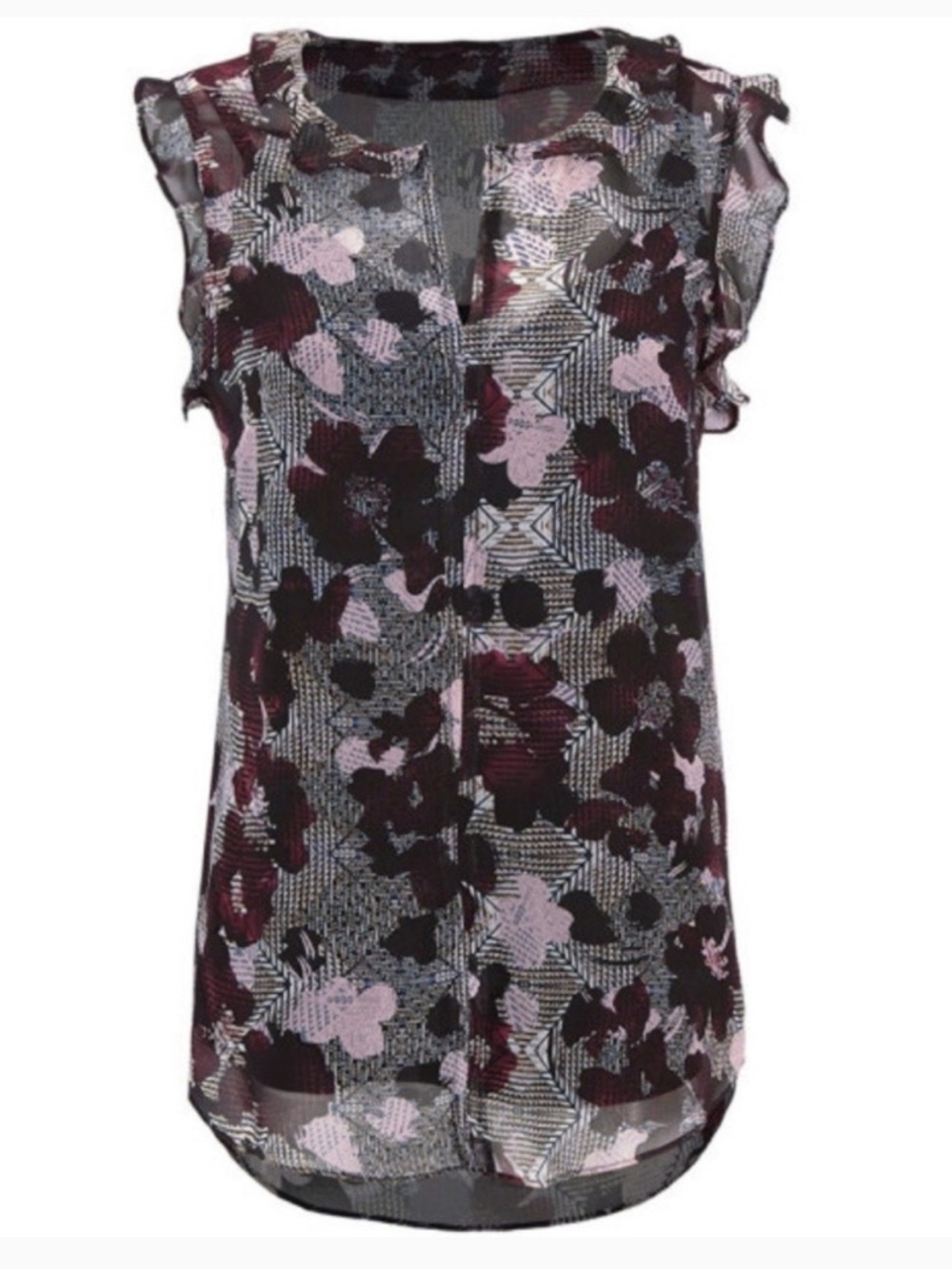 CAbi Weaver Purple Floral Print Ruffle Cap Sleeve Blouse with Cami XS Style 3618